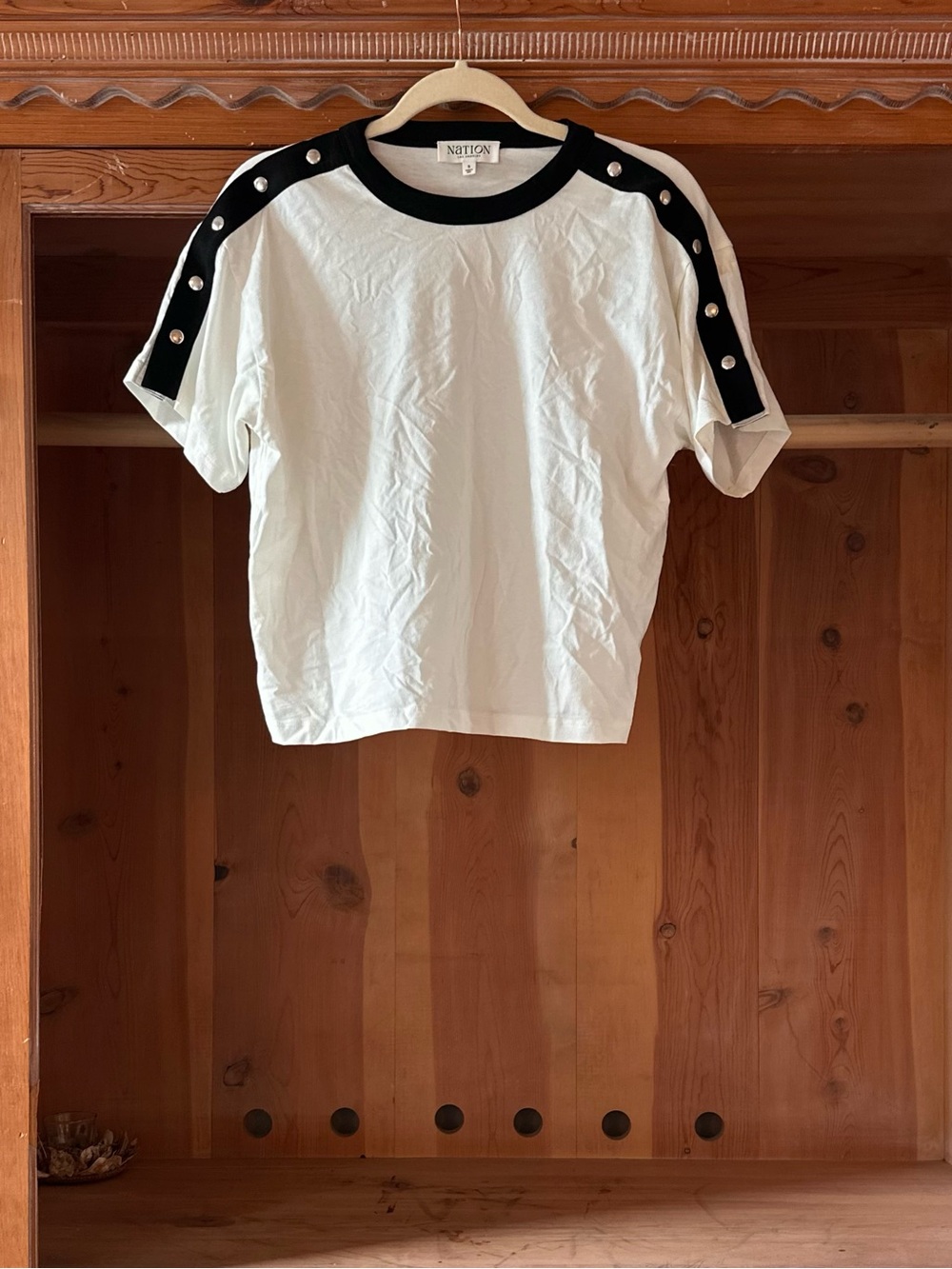 Nation Los Angeles White Tee, Black Contrast Shoulder Stripes and Snap Detail